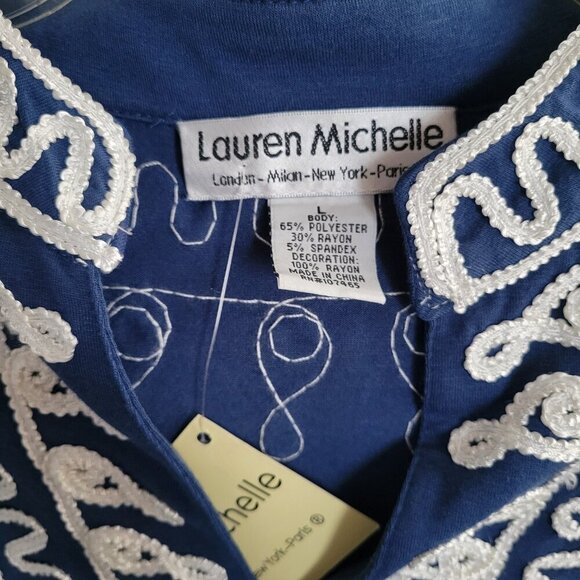 NWT-Lauren Michelle Sleeveless Blue White Stretch Embroidered Top (Size: Large) - Picture 6 of 14